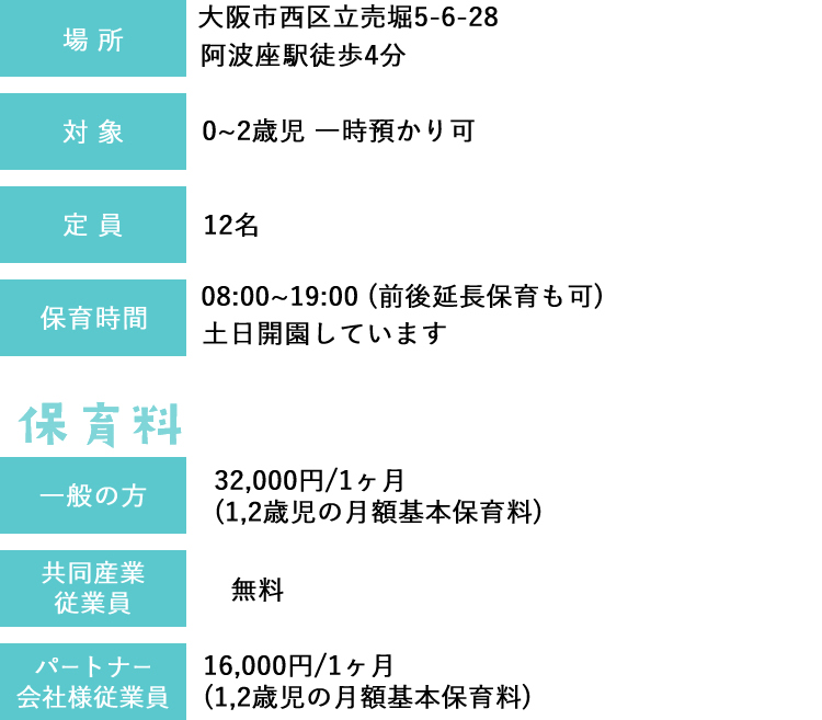 大阪市西区立売堀5-6-28 阿波座駅徒歩4分　0～2歳児一時預かり可